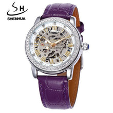 Load image into Gallery viewer, New Automatic Womens Watches Self-Wind Skeleton Watches for Women Luxury Brand Waterproof Mechanical Rhinestone Watches Leather
