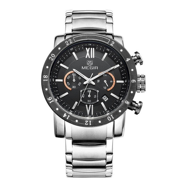 MEGIR Mens Watches Top Brand Luxury Stainless steel Watches Military Chronograph 6 Hands 24 Hours Mens Watches Relogio Masculino