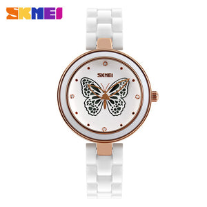 SKMEI Brand Womens Watches Luxury Ceramic Band Quartz Watch Women Waterproof Fashion Dress Rhinestone Ladies Wrist Watch