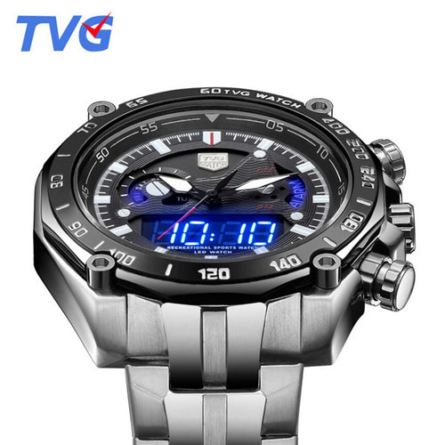 New TVG Mens Watches Top Brand Luxury Full Steel Blue Led Digital Analog Quartz Watch Mens Watches Sport Relogio Masculino