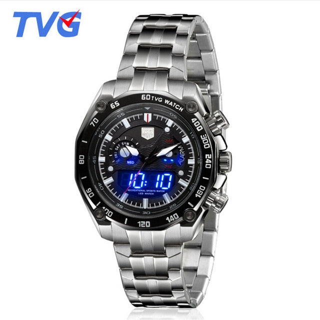 New TVG Mens Watches Top Brand Luxury Full Steel Blue Led Digital Analog Quartz Watch Mens Watches Sport Relogio Masculino