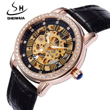 Load image into Gallery viewer, New Automatic Womens Watches Self-Wind Skeleton Watches for Women Luxury Brand Waterproof Mechanical Rhinestone Watches Leather