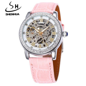 New Automatic Womens Watches Self-Wind Skeleton Watches for Women Luxury Brand Waterproof Mechanical Rhinestone Watches Leather