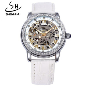New Automatic Womens Watches Self-Wind Skeleton Watches for Women Luxury Brand Waterproof Mechanical Rhinestone Watches Leather