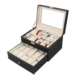 Two Layer 20 Slot Watch Box Large Leather Watch Display Case Glass Top Organizer with Lock