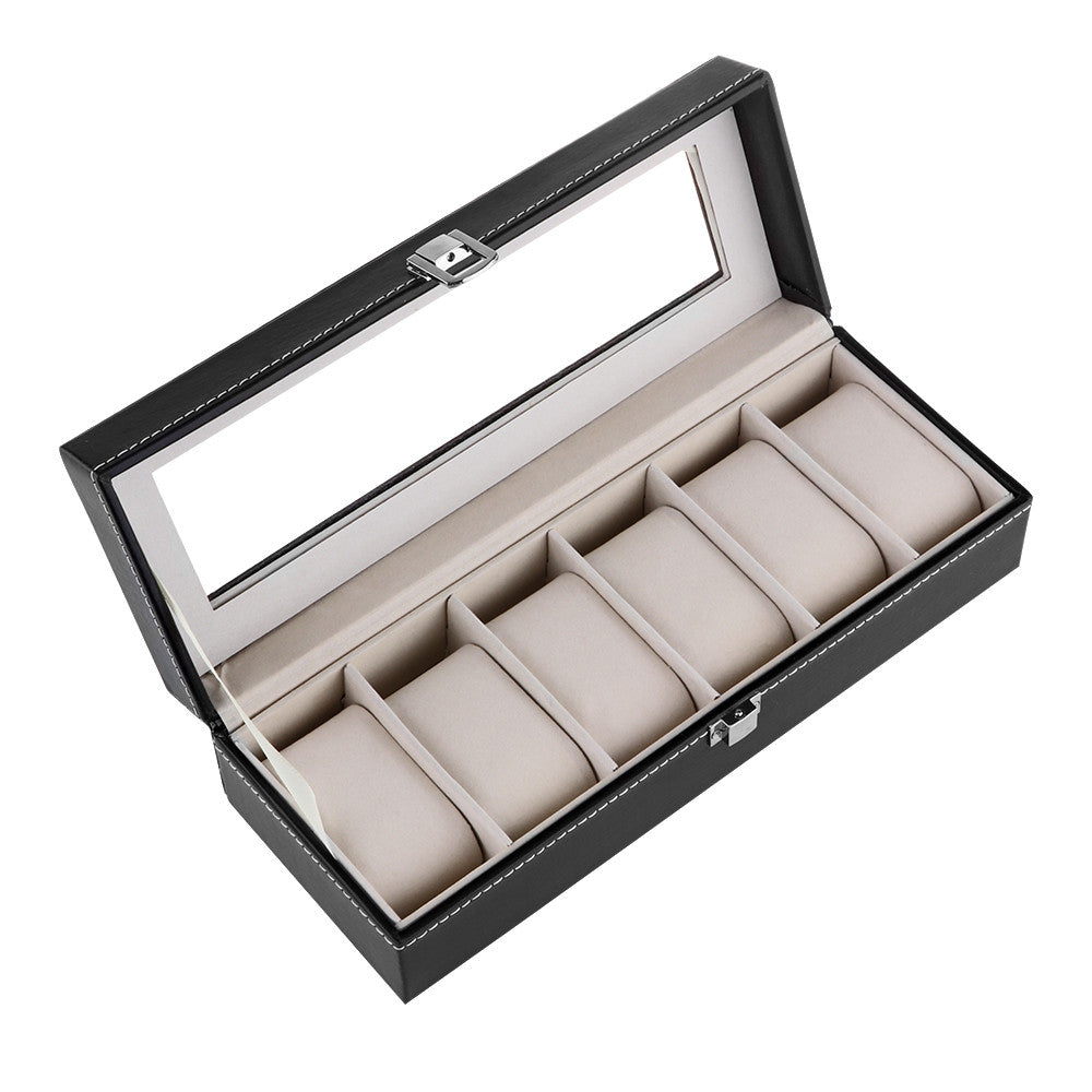 6 Slot Watch Box Large Leather Watch Display Case Glass Top Organizer