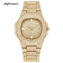 Load image into Gallery viewer, Mens Watches Fashion Diamond Automatic Date Quartz Watch Men Gold Stainless Steel Business Mens Watches Top Brand Luxury clock