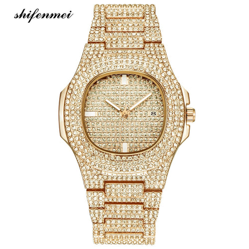 Mens Watches Fashion Diamond Automatic Date Quartz Watch Men Gold Stainless Steel Business Mens Watches Top Brand Luxury clock