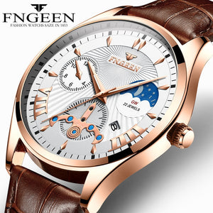 Fngeen New Quartz Watch Men Fashion Stainless Steel Mens Watches Top Brand Luxury Leather Band Clock Mens Watches Waterproof