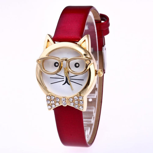 Cute Glasses Cat Women Analog Quartz Dial Wrist Watch Womens Watches Top Brand Luxury Women Watches