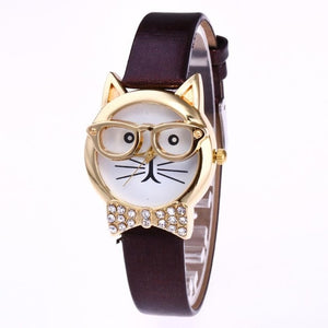 Cute Glasses Cat Women Analog Quartz Dial Wrist Watch Womens Watches Top Brand Luxury Women Watches