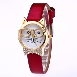 Cute Glasses Cat Women Analog Quartz Dial Wrist Watch Womens Watches Top Brand Luxury Women Watches