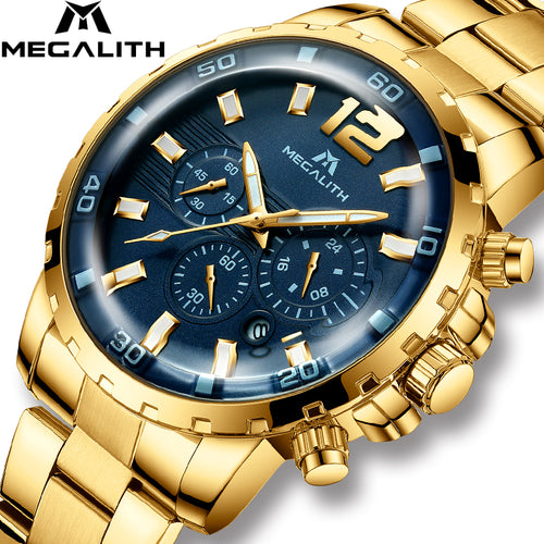 MEGALITH Fashion Mens Watches Top Brand Luxury Waterproof Chronograph Quartz Clock Army Military Mens Watches  Relogio Masculino